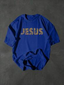 T-Shirt With Jesus Cross Print - Faith Theme - 100% Cotton With Latin Prayer Text And Medal Print, With Benedictine Elements - Catholic Religious Gift, - Available In Sizes S-2XL, 's Day Gift, Suitable For Casual Daily Wear And Outdoor Activities. - 藍色 - 查看 3