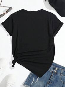 Fashion Printed T-Shirts For Women, Oversized Streetwear Tops, Comfortable And Stylish All-Match Summer Tees. Casual Summer T-Shirt For Women, Pink Cherry Blossom Print, Round Neck, Short Sleeve - 黑色 - 查看 2