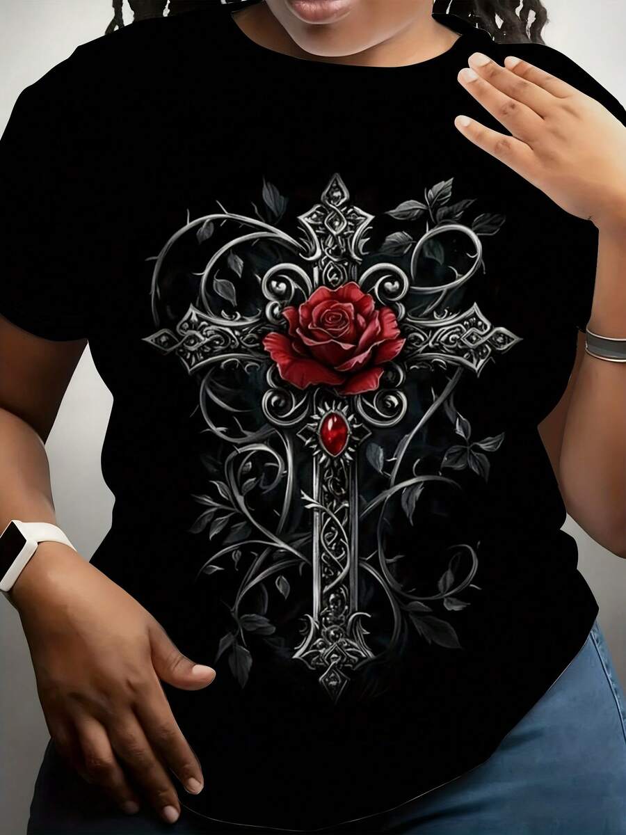 Women's Digital Print T-Shirt, Artistic Style With 'Dark Rose Cross' Theme, Short Sleeve Printed T-Shirt, Vintage Gothic Top, Plus Size Casual Crew Neck T-Shirt, With An Image Of A Cross Adorned With Red Roses - 黑色 - 查看 1