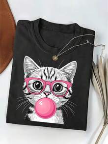 Casual Style T-Shirt With Bubble Gum Cat Graphic, Cute Kitten Print Tee With Glasses, Perfect For Home, Outings Or Gifts | Ideal For Christmas, Valentine's Day, Etc. - 黑色 - 查看 1