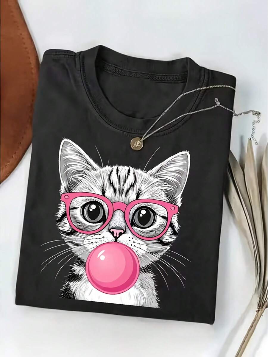 Casual Style T-Shirt With Bubble Gum Cat Graphic, Cute Kitten Print Tee With Glasses, Perfect For Home, Outings Or Gifts | Ideal For Christmas, Valentine's Day, Etc. - 黑色 - 查看 1