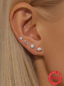 4pcs/Set Star & Moon 925 Sterling Silver Hypoallergenic Women's Stud Earrings, Sweet Style, Suitable For Wedding Bride Jewelry - Silver - View 13