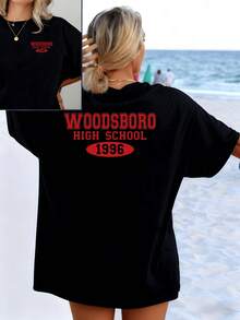 Nostalgic Text Evoking Youthful Memories And Moments Of School Pride With Red Lettering That Highlights The Classic College Spirit. Comfortable, Casual, Reversible Women's T-Shirt For Everyday Wear And Outdoor Activities. - 黑色 - 查看 1