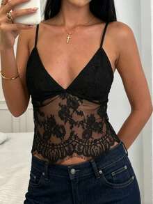 Women's Summer Top, Sexy Black Spaghetti Strap Tank Top With Lace Patchwork, Cropped Fitted Backless Camisole, Fashionable Streetwear Casual Vacation Sexy Tank, Suitable For 's Day, June Festival, Dates, Gatherings, Parties, Travel, Vacation, Beach And Other Occasions, Summer Outfit, Top - Black - View 12