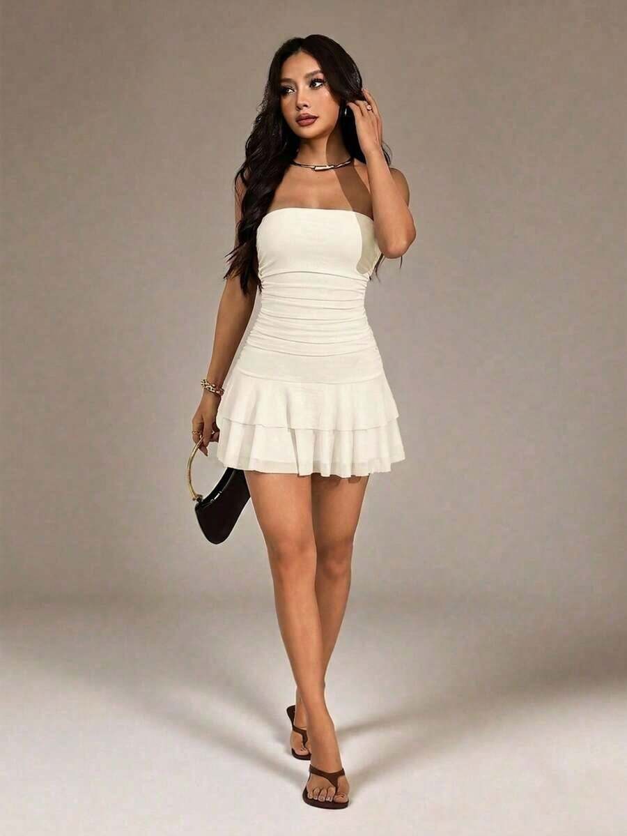 Vestido mini de Body con fruncidos, volantes en el bajo, color marrón sólido - Vestido de verano lindo, vestido para brunch, vestido amarillo - Albaricoque - Ver 1