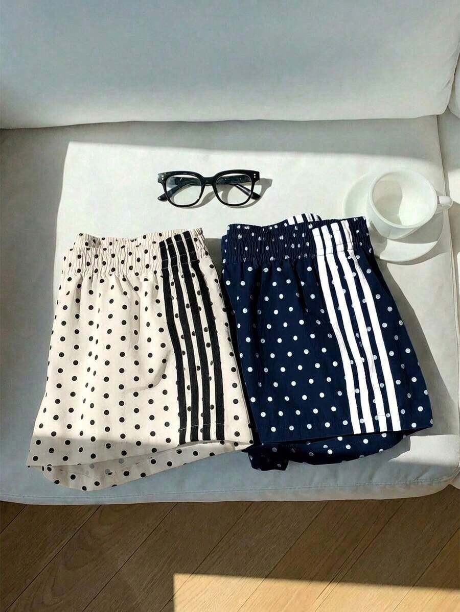 2 piezas Shorts casuales de estilo callejero para mujer con contraste de color en la cinta, shorts de lunares, verano - Multicolor 5 - Ver 1