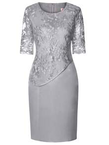 New Women's Plus Size Cocktail Dress, Light Blue, Round Neck, 3/4 Sleeves, Lace Appliqués, Mock Double Layer, Elegant And Flattering Design, Perfect For Events, Parties And Dinners - 灰色 - 查看 4