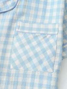 piezas de pijama con pantalón corto, de manga corta y estampado a cuadros para mujeres, ropa de estar por casa de verano - Azul - Ver 4