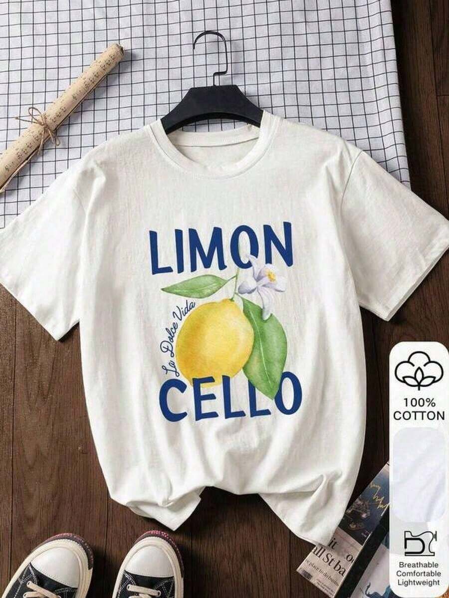 Moda, Comodidad, TodoMatchCamiaholgadaparamujer,estampadodelimón100%algodónblancodemangacortacongráficodevueltaalcolegio,primerdíadeclases2026casual,blusasparamujer,tops,blusascon curvasmujer,,poesellemujer,y2k,blusasblancas, Día de la Madre, Pascua, blusasparamujercasual, informal Adecuado como regalo. playera de mujer. blusas>elegantes. boho chic,Top de mujer suave, transpirable y cómodo, ideal para primavera, verano y otoño, perfecto para vacaciones, viajes y uso diario. - Blanco - Ver 1