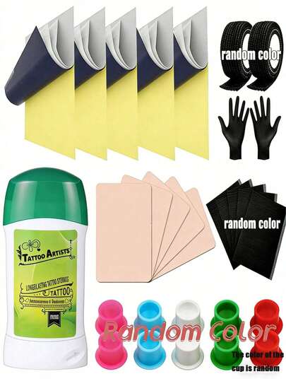 29pcs Tattoo Practice Kit For Beginners, Includes 5pcs Tattoo Skin, A4 Paper, Stencil, Ink Caps, Tattoo Tools, Random Color