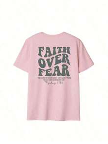 "Faith Over Fear" Double Print T-Shirt - Short-Sleeve Crew Neck Pure Cotton T-Shirt,  Holiday Style, A Daily Essential. Holiday Outfits, Simple Retro Street Style Top. Everyday Campus Wear For Men And Women - Comfortable Loose Fit Cotton Vintage Street Style T-Shirt - 羅莎 - 查看 4