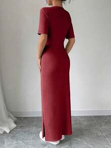 Vestido largo de mujer de manga corta con cuello en V y bajo dividido, de unicolor, vestido maxi elegante de color burdeos, vestido largo ajustado, vestido largo rojo, vestido maxi de manga corta para mujer, vestidos de mujer, vestido largo ajust - Burdeos - Ver 2