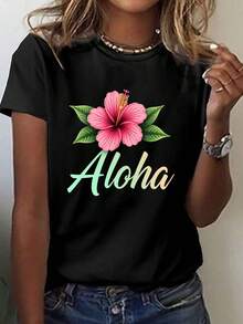 Women's Hawaiian Aloha Print T-Shirt - Short Sleeve, Round Neck, Casual Top With Hibiscus Print And Hawaiian Phrases, Machine Washable, Summer And Spring Clothing For Hawaiian Vacations, Hawaiian Themed T-Shirt For Luau Parties - - 黑色 - 查看 1