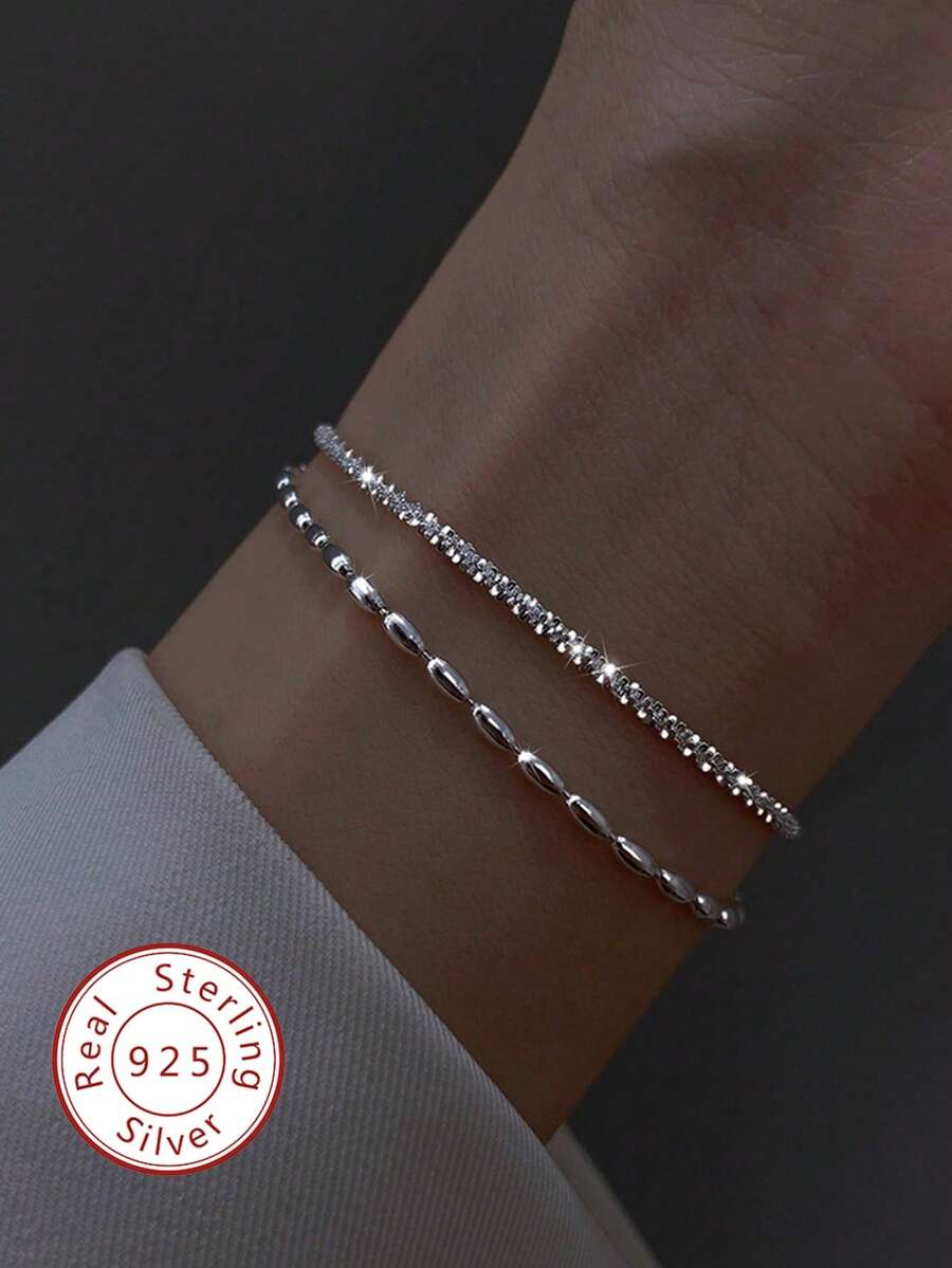 1 chiếc vòng tay hai lớp mỏng nhẹ, thanh lịch bằng bạc sterling 925, đính hạt hình sóng, món quà trang sức tinh tế dành cho phụ nữ, thích hợp cho tiệc tùng/sinh nhật/đeo hàng ngày. - Vòng tay hai lớp lấp lánh hạt gạo - Xem 1