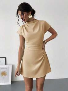 Vestido mini de línea A con cintura fruncida de unicolor, estilo de oficina para el verano - Caqui - Ver 3