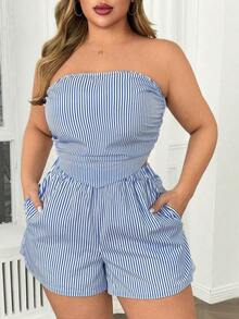 Conjunto de 2 piezas de top acortado y shorts a rayas azules y blancas en tallas grandes, conjunto informal estilizador para el verano - Azul y blanco - Ver 1