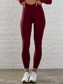 Sport Leggings ajustados de cintura contorneada y cruzada para actividades, pádel, tenis, pickleball, gimnasio, fitness, pilates y uso casual diario - Burdeos - Ver 2