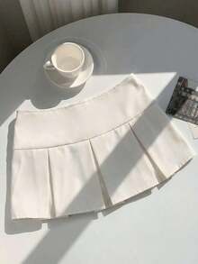 Falda plisada con detalle de cintura ancha y pliegues para el verano - Beis - Ver 7