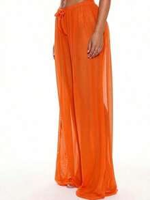 Pantalones anchos con cordón frontal de tiro bajo, prenda de vestir para cubrir en verano, primavera, vacaciones, vacaciones, club sexy, Ibiza, ropa de playa, nanotecnología, techno, otoño, color sólido - Naranja - Ver 3
