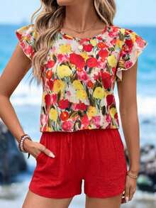 Blusa de cuello redondo con volantes y estampado de sombras florales primaverales para mujeres - Multicolor - Ver 10