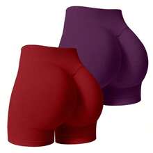 2 piezas Pantalones cortos de mujer de cintura alta, unicolor, elásticos y sin costuras, para yoga, fitness, deportes al aire libre y verano - Multicolor 4 - Ver 1