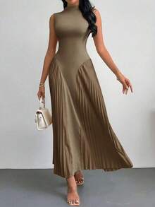 Vestido ajustado de línea A con pliegues elegante para mujer - Caqui - Ver 1
