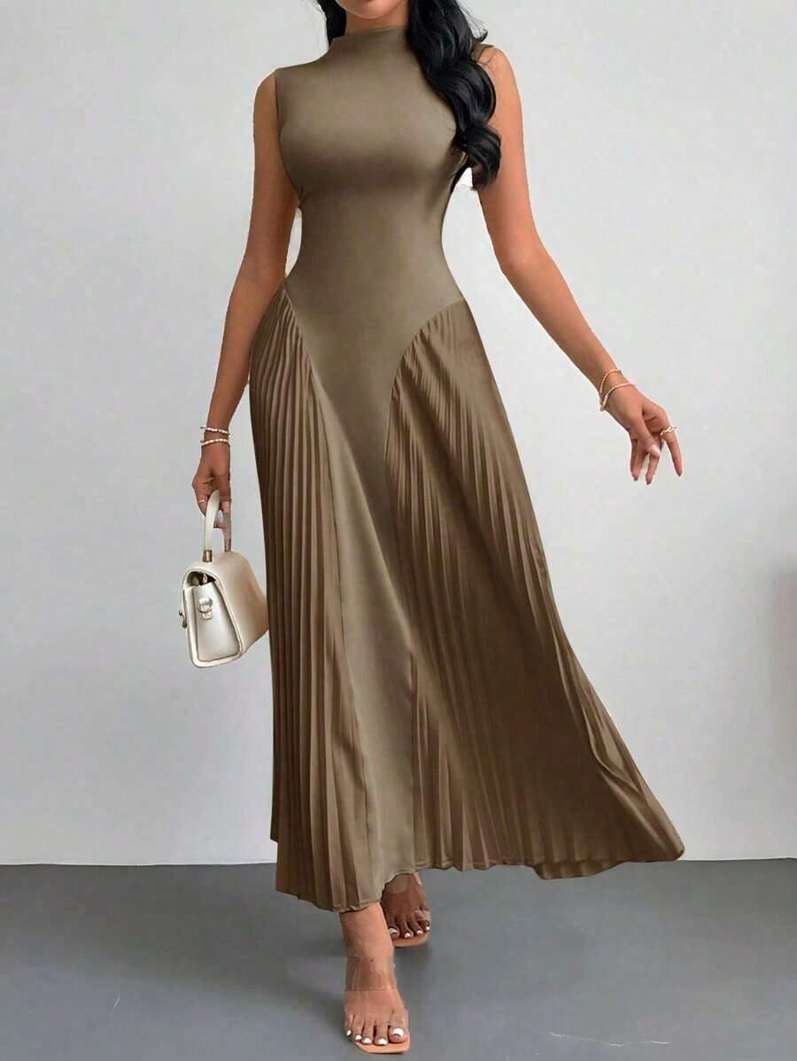 Vestido ajustado de línea A con pliegues elegante para mujer - Caqui - Ver 1