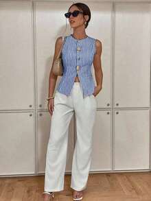 Top de tirantes con botones frontales a rayas, de estilo casual y para ir al trabajo, para mujer, para el verano - Azul y blanco - Ver 4