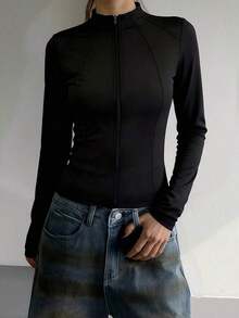 de manga larga de cuello simulado elástica de unicolor y ajustada para mujer, deportiva y casual, para primavera y otoño - Negro 6 - Ver 4