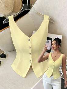 2025 nueva moda primavera y verano, top de tirantes de ajuste ceñido con escote en V casual - Amarillo - Ver 9