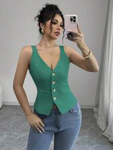 Camiseta sin mangas de un solo pecho de unicolor casual para mujer - Azul - Ver 8
