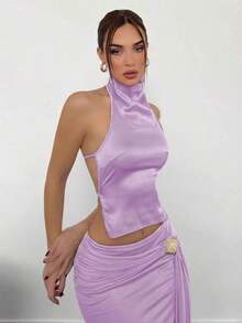 Top de satén sin espalda con cuello alto para mujer, ideal para fiestas - Lila Púrpura - Ver 4