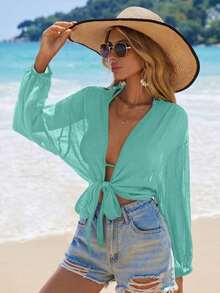 Swim Vcay Kimono corto de manga larga de unicolor y uso diario minimalista para mujer - Verde - Ver 3