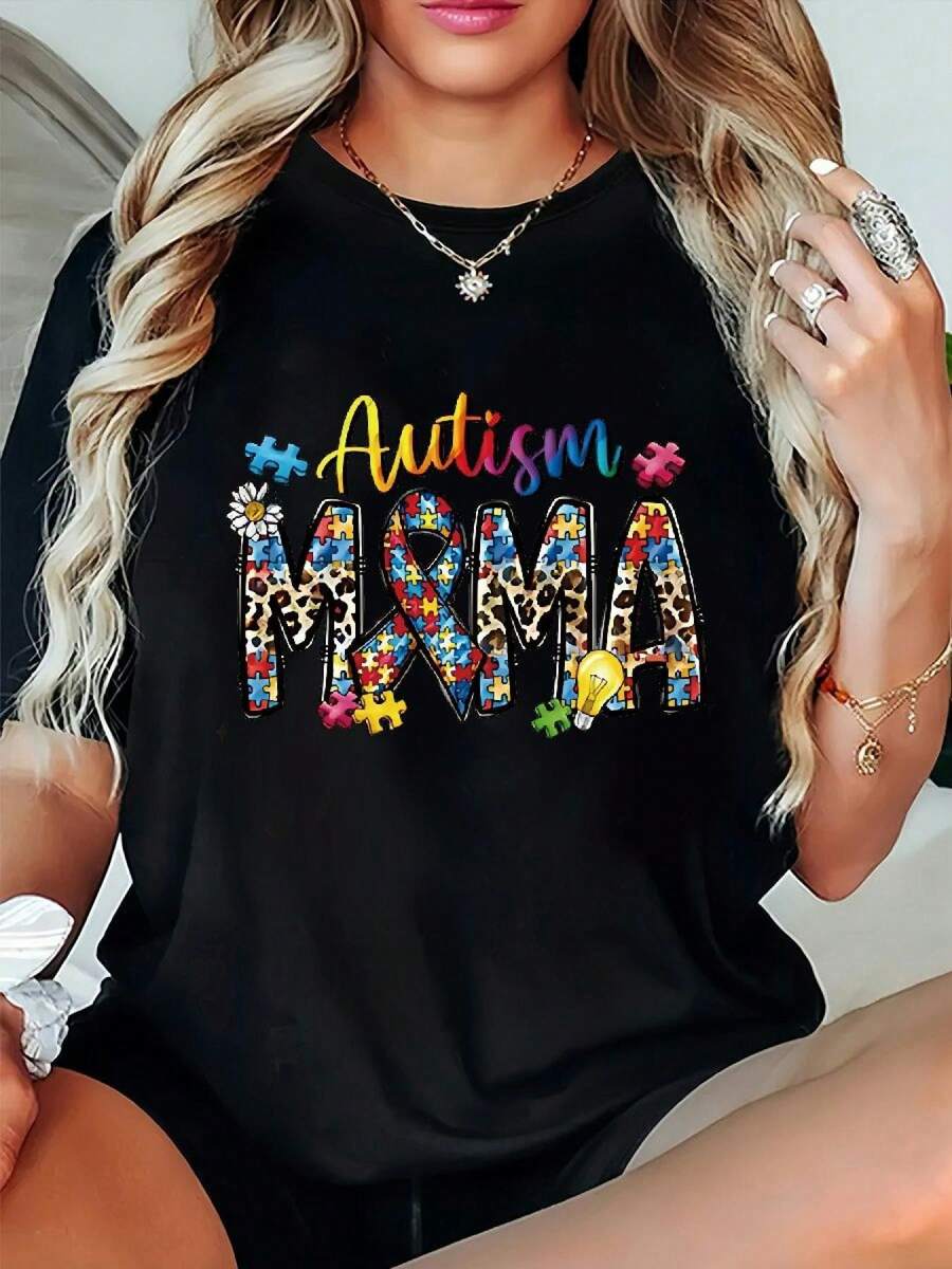 Plus Size - Plus Size - Women's Chic Plus Size Casual T-Shirt With Cartoon Character Print, Lettering, Short Sleeve, Light Stretch Fabric, Women's Floral Print Round Neck Short Sleeve Graphic T-Shirt, Versatile Travel Top - 黑色 - 查看 1