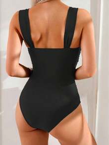 Swim Basics Women's Minimalist One-Piece Swimsuit With Ruched Straps, Solid Color, Boho Festival Style - Black - View 5