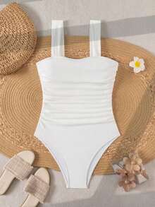 Swim Basics Traje de baño de una pieza con hombros fruncidos de unicolor, estilo minimalista bohemio de festival para mujer - Blanco - Ver 4
