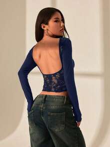 Camiseta de mujer con espalda al descubierto y costuras de encaje.Vestimenta sexy adecuada para citas en verano. - Azul marino - Ver 6