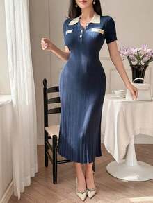Vestido de suéter con cuello de contraste de color y bolsillo falso elegante para mujer, para primavera/verano, vestido de invitada de boda - Azul marino - Ver 5