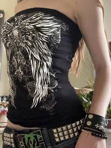 Top de tubo negro con estampado gótico para mujer, Tops cortos ajustados sin tirantes, camisetas gráficas elegantes informales de verano, ropa de calle básica y2k - Negro - Ver 2