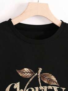 Plus Size Women's Short Sleeve Crew Neck Blouse With Leopard And Cherry Print - Vintage Street Style Unisex Cotton Short Sleeve Crew Neck T-Shirt - 黑色 - 查看 4