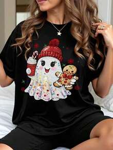 Plus Size White Graphic Short-Sleeve T-Shirt, Casual Street Style, Cute Summer Top, Vacation Vibe - 4 - 查看 1