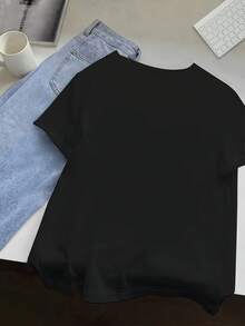 Women's Casual Short Sleeve T-Shirt With Cartoon Line Art And Four Large Paintings, Round Neck, Relaxed Fit, Breathable Fabric, Machine Washable, Multicolor Options S-XXL For Spring/Summer, Ladies' T-Shirts, Summer Clothes, Medium Elasticity - 黑色 - 查看 2