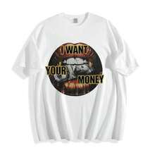 Fly "I Want Your Money" Hip-Hop Style T-Shirt, 100% Cotton, Double-Sided Print, Suitable For Men And Women, The Best Gift For Summer, Casual Short Sleeve T-Shirt - Premium Cotton T-Shirts With Graphic Print And Round Neck - Unisex Loose Fit T-Shirt, Comfortable, Urban Vintage Style. - 白色 - 查看 6