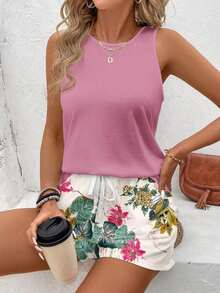 Conjunto de 2 piezas de pantalones cortos con estampado floral en todo el diseño en color café claro y top de camiseta sin mangas de cuello redondo negro, estilo casual de vacaciones con vibra retro para primavera/verano - Multicolor 3 - Ver 7