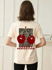 1 Piece Of Women's Summer T-Shirt With Round Neck And Short Sleeves, Leopard Print And Cherry Design, Suitable For Summer, Beach, Street, Daily Wear, Work, Office Party, Going Out, Festival, Music Festival, Valentine's Day, Casual Party, White Color. - 杏色 - 查看 5