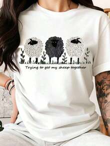 Trying To Gather My Sheep - Women's Funny Sheep Graphic T-Shirt, Casual Crew Neck Top With Cute Animal Design, Perfect For Everyday Wear And As A Gift Idea - 白色 - 查看 1