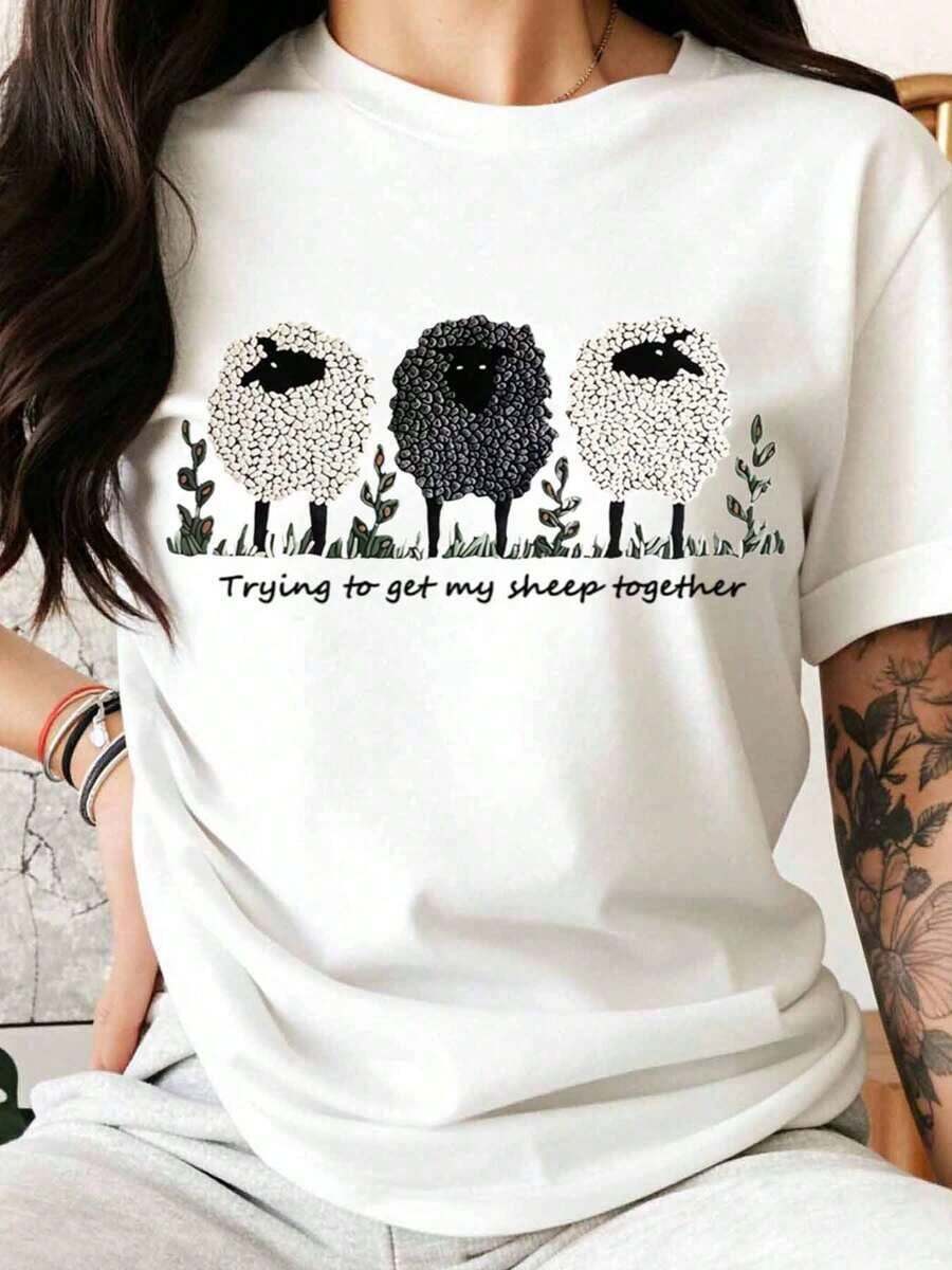 Trying To Gather My Sheep - Women's Funny Sheep Graphic T-Shirt, Casual Crew Neck Top With Cute Animal Design, Perfect For Everyday Wear And As A Gift Idea - 白色 - 查看 1