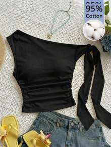 Blusa asimétrica de hombro con pliegues y estampado de lunares estilo Y2K para mujer - Negro - Ver 7