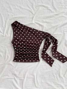 2 piezas Blusa casual de mujer con hombros fruncidos y nudo retorcido, versátil para citas y salidas - Café integral - Ver 5