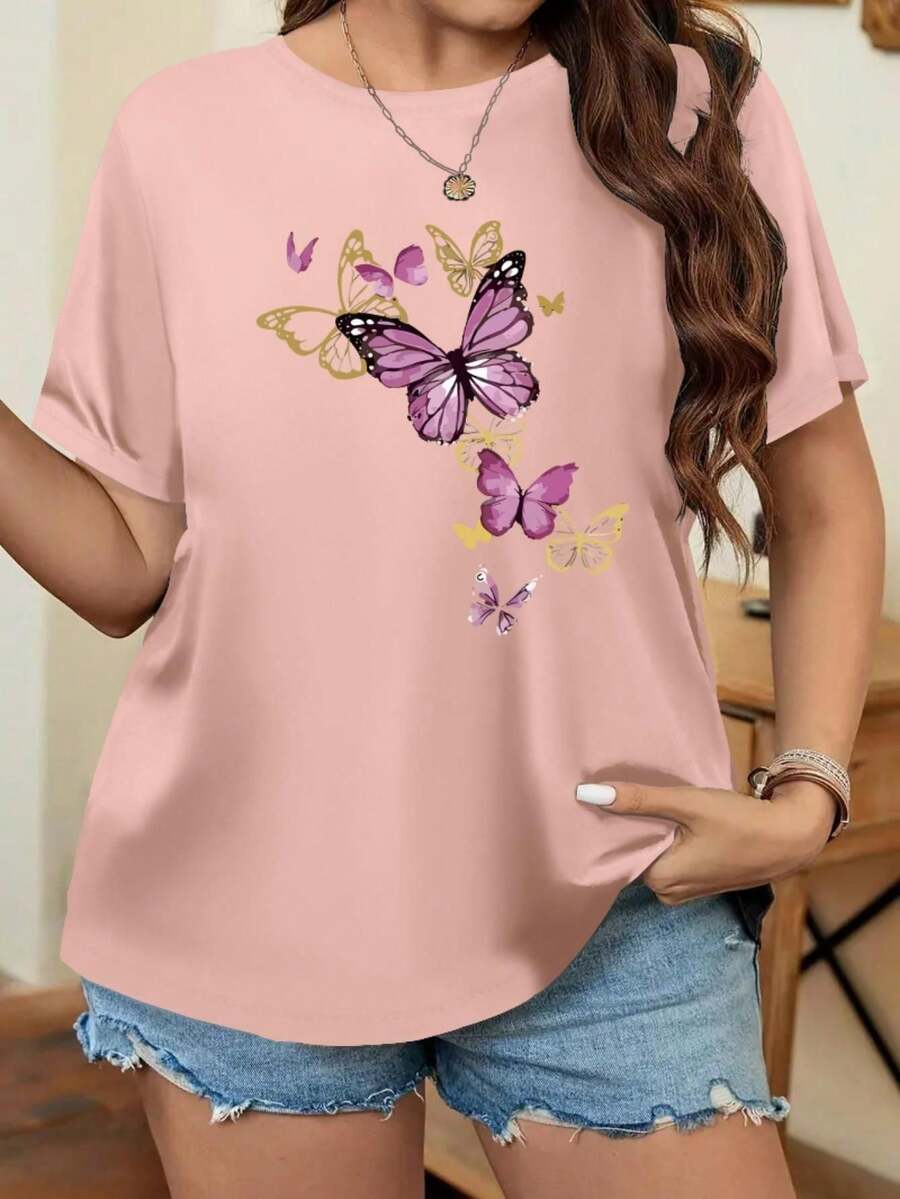 Women's Summer T-Shirt, Round Neck, Loose Fit, Breathable And Printed - Short Sleeve T-Shirt With Butterfly Print - Breathable Casual Blouse Suitable For Spring And Summer Casual Outfits And Layering - Pink T-Shirt For Women, Cool And Breathable, Suitable For Holiday Travel, Outdoor Activities, Daily Gifts And Leisure At Home (2XL-4XL). - 粉色 - 查看 1